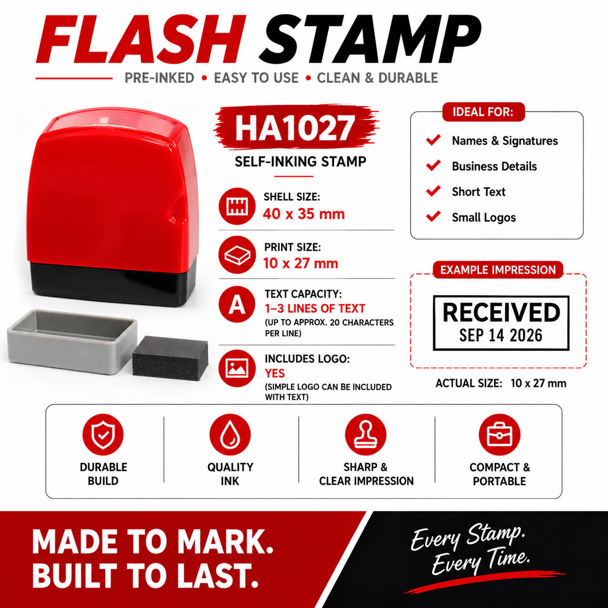 HA1027 - HA3313 - HB1506 Flash Stamp – Custom Pre-Inked Stamp for Name, Signature, Text & Logo - Image 2
