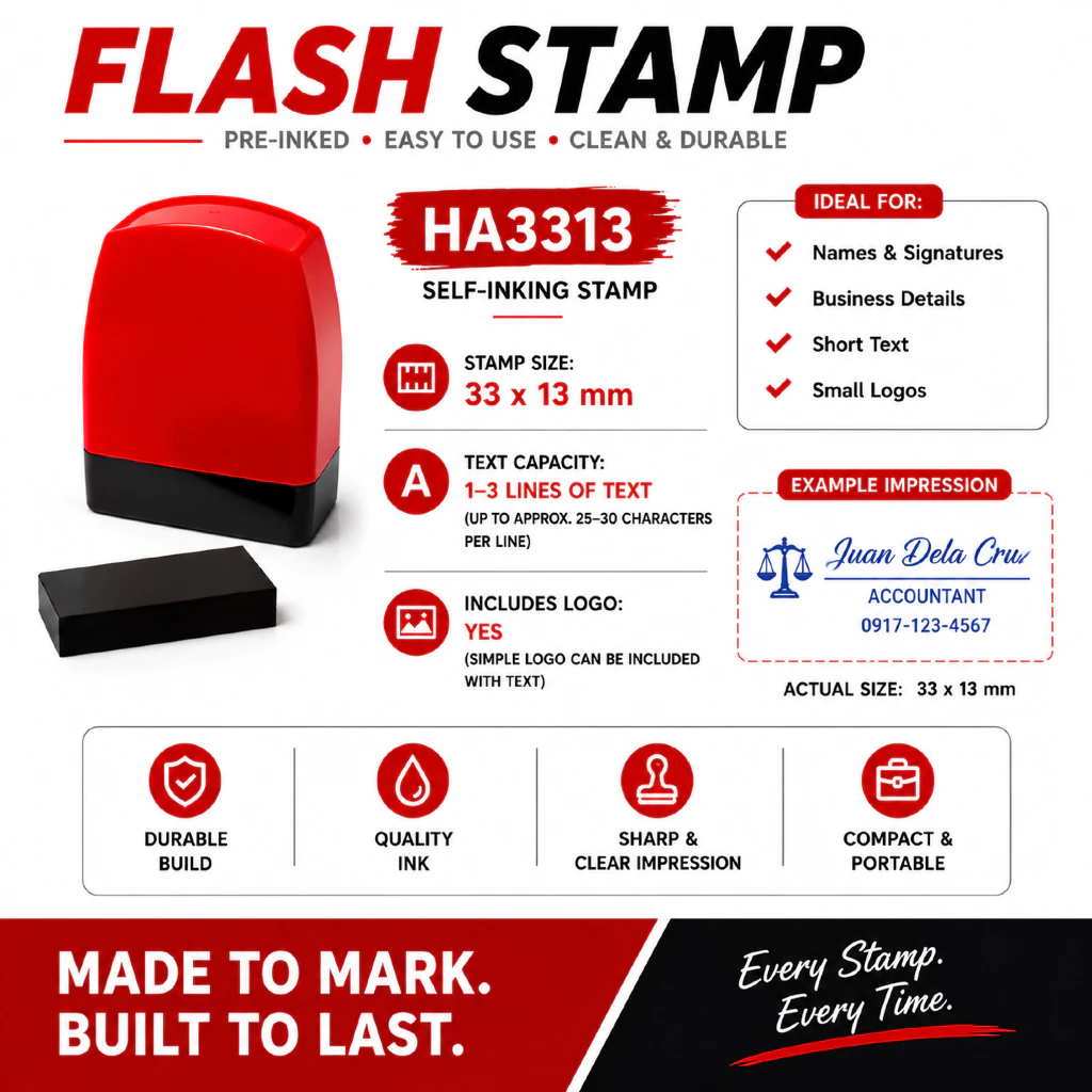 HA1027 - HA3313 - HB1506 Flash Stamp – Custom Pre-Inked Stamp for Name, Signature, Text & Logo - Image 4
